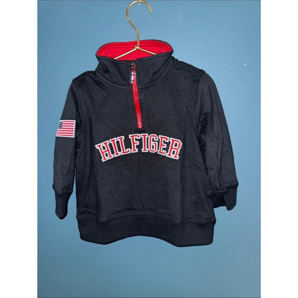 Tommy Hilfiger Black Kids Quarter-Zip Sweatshirt with Red Trim and Flag Patch